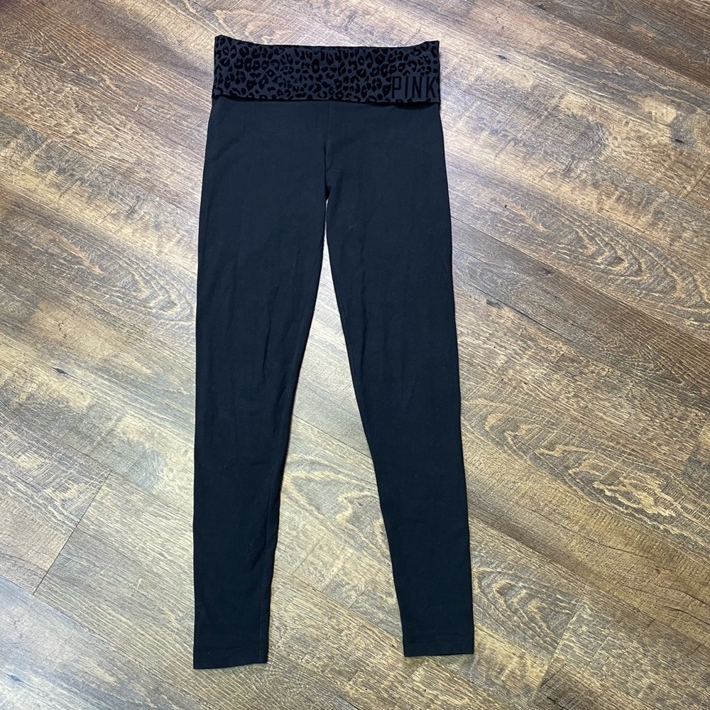 Victoria’s Secret PINK Womens XS Low Rise Black Cheetah Foldover Leggings Skinny - Picture 2 of 11